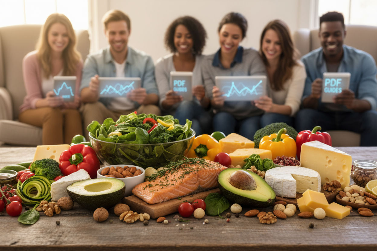 Imagen de comida saludable keto con personas leyendo PDF