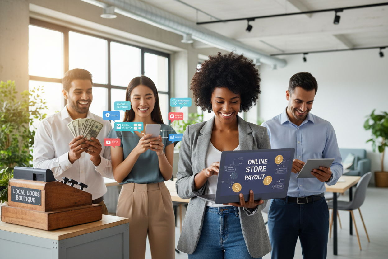 imagen de personas recibiendo dinero de sus diferentes negosios