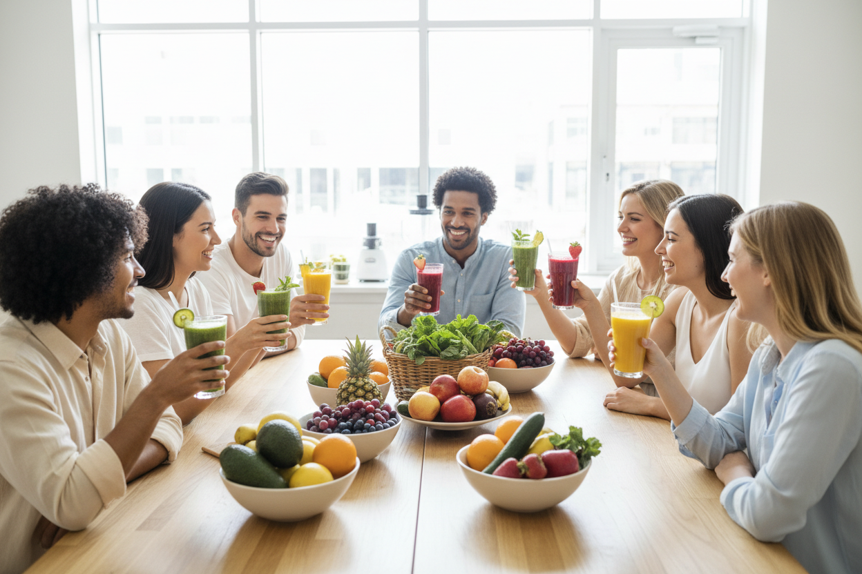 personas tomando jugos naturales tipo batidos saludables